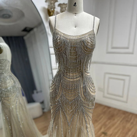 2025 Silver Nude Spaghetti Strap Mermaid Evening Dress Gown with Luxury Beaded Tassels for Formal Occasion LA72772