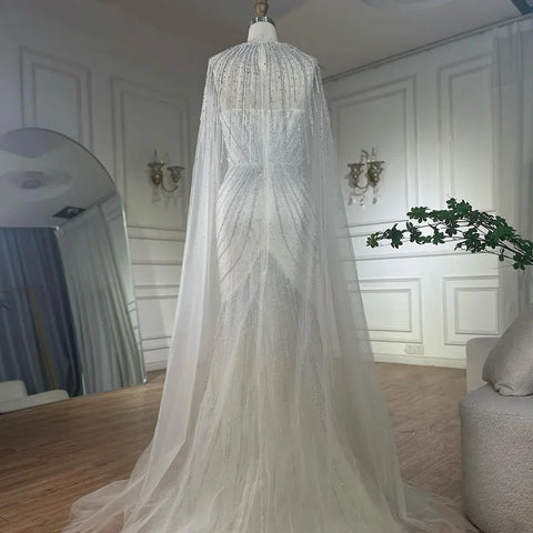 Arabic Blue Spaghetti Straps Beaded Evening Gown with Detachable Cape Dress for Formal Occasion 2025 LA72784