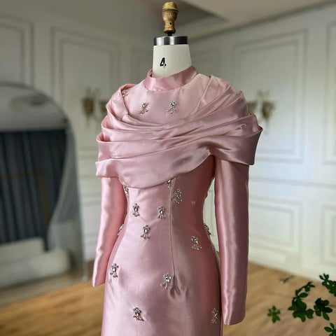 2025 Muslim Blue Mermaid Beaded Satin Luxury Saudi Evening Dress Gown Overlay Skirt for Formal Occasion LA72414M