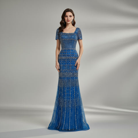 Arabic White Luxury Dubai Mermaid Evening Dress with Cap Sleeves LA72714