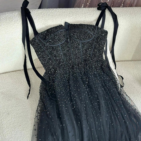 Luxury Saudi Wine Red Beaded Evening Gown Spaghetti Strap Floor-Length for Formal Occasion LA70600A