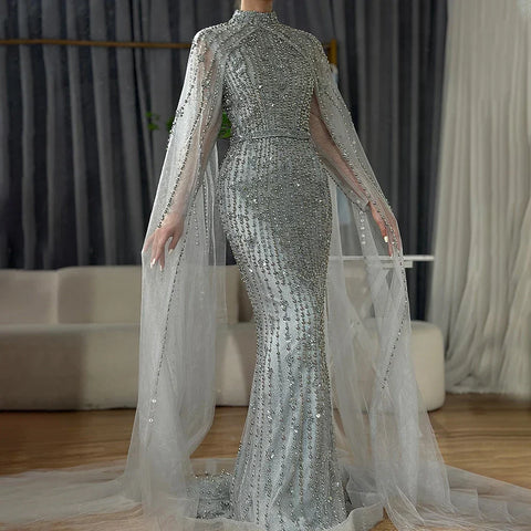 Muslim Nude Mermaid Cape Sleeves Pearls Beaded Luxury Dubai Evening Dresses Gowns 2025 Women Wedding Party LA72372