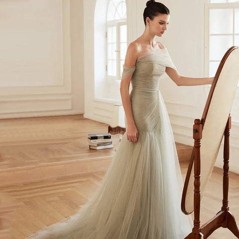 Vestido de noche de tul verde menta con hombros descubiertos y falda a capas para ocasiones formales LA72899 2025