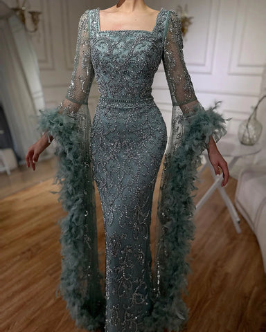 Flared Sleeves Mermaid Turquoise Beaded Feather Luxury Evening Dresses Gowns for Formal Occasion 2025 LA72767