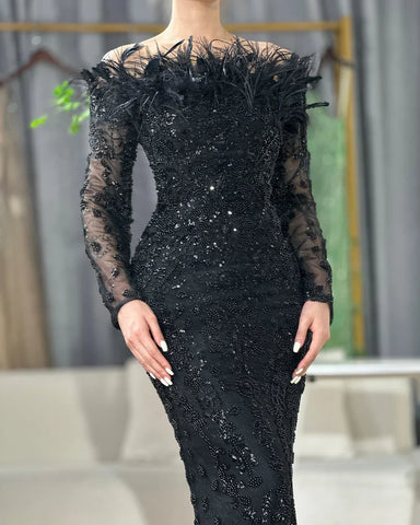 Vestido de noche de lujo con escote barco estilo sirena, elegante, plumas y cuentas, color verde Dubái, para mujer, para fiesta de bodas, LA72553 