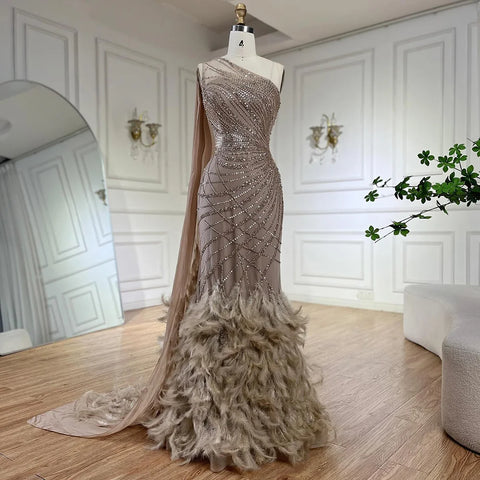 Feather Turquoise Aqua One Shoulder Mermaid Evening Dress with Cape LA72399