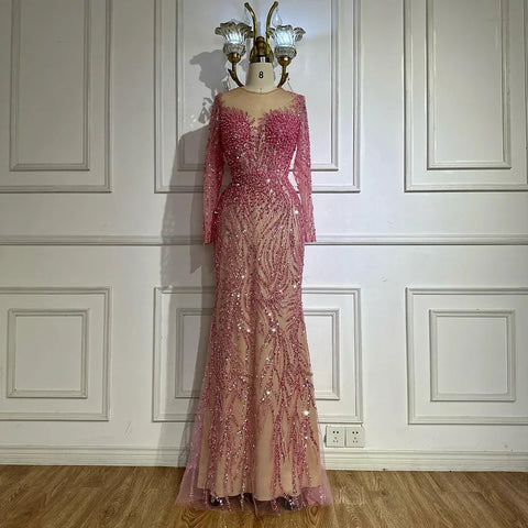 Blue Elegant Mermaid Dubai Arabia Luxury Beaded Pearls Evening Dresses Gowns 2025 For Women Wedding Party LA72264