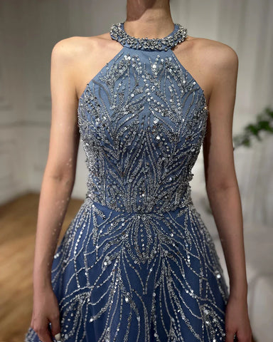 Elegant Blue Arabic A-line Halter Gown Luxury Dubai Evening Dress for Women Wedding Party 2025 LA72302