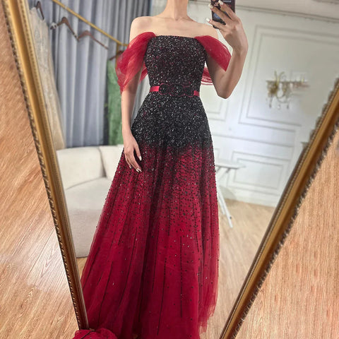 Gradual Change Wine Red Evening Dresses Gowns 2025 Beaded Bling A-Line Luxury For Women Party LA71329