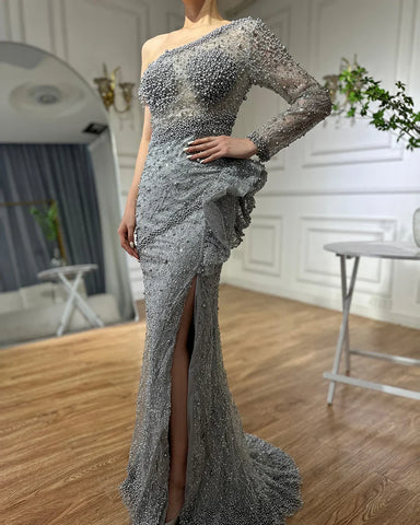 On Sale no return no refund Grey One Shoulder Luxury Evening Dresses Gowns 2025 Beaded Mermaid Elegant For Women Party LA71622