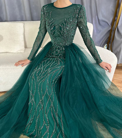 Robe de soirée musulmane verte avec traîne, style sirène, perles, élégante et luxueuse, pour femmes, LA71107, 2025 
