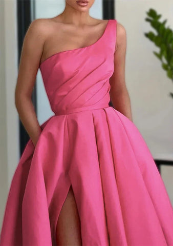2025 Arabic Pink A-Line One-Shoulder Floor-Length Satin Prom Dress with Split, Ruffles, and Pockets for Women's Party LA72683