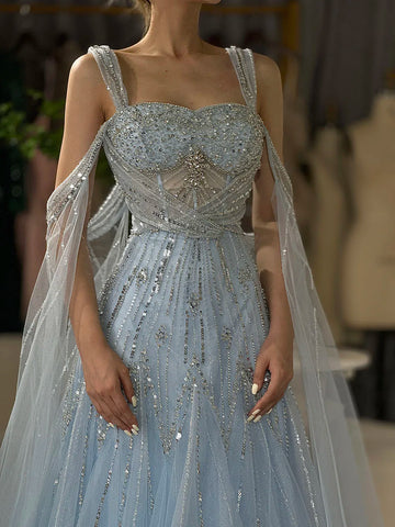 2025 pink Beaded Spaghetti Strap Design A-Line Evening Dresses Gowns with Cape Sleeves for Formal Occasion LA72726