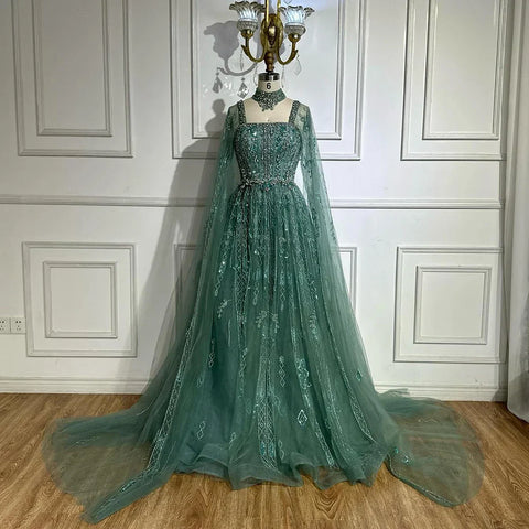 2025 Arabic Nude A Line Cape Sleeve Crystal Beaded Luxury Saudi Evening Dresses Gowns For Formal Occasion LA72764