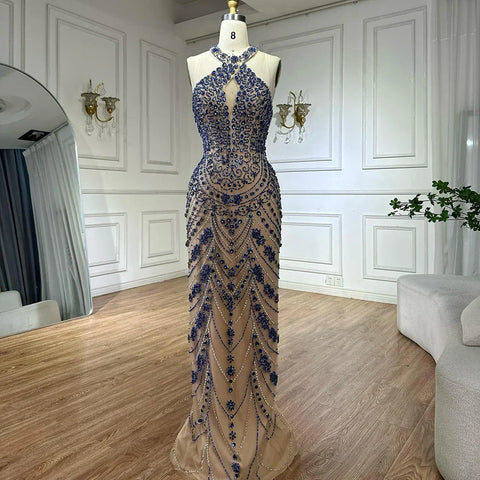 2025 Elegant Blue Saudi Arabic Halter Neck Evening Gown Crystal Beaded Dress for Formal Occasion LA72760