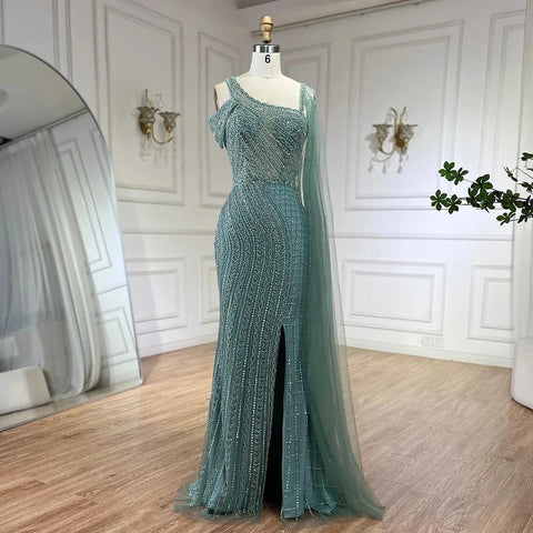 Robe de soirée de luxe style sirène noire à cape longue et perles pour femme, style arabe de Dubaï, pour fête de mariage, 2025, LA72296 