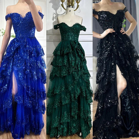 Robe de soirée noire style arabe, fendue, bretelles spaghetti, coupe trapèze, en dentelle et perles, pour femme, tenue de mariage, LA72586 