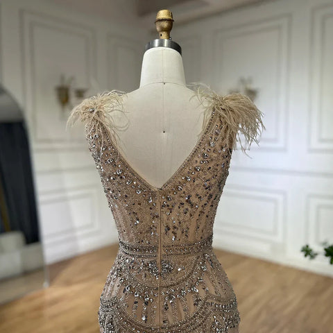 2025 Arabic Blue Elegant Split Mermaid Beaded Feathers Long Evening Dresses Gowns for Formal Occasion LA72742