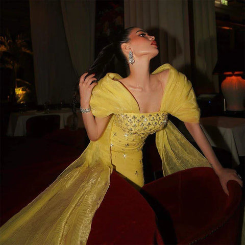 Luxury Beaded Yellow Evening Dress with Cape LA72756