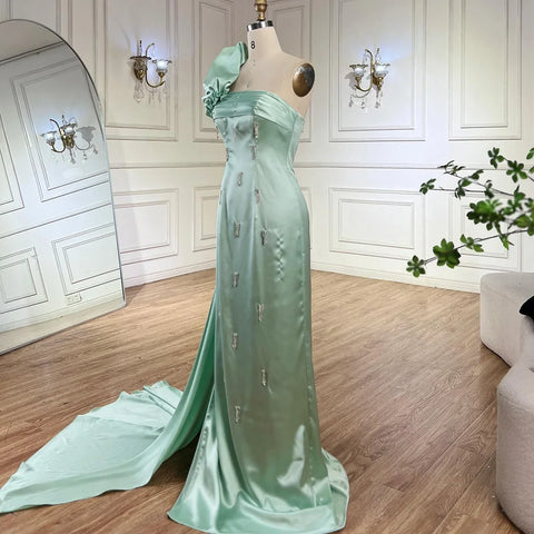 Arabic Sage Green One Shoulder with Cape Luxury Crystal Dubai Evening Dress Gowns for Women's Wedding Party LA72412