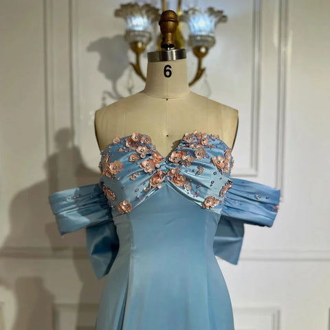 2025 Arabic Strapless Blue Beaded A-Line Saudi Evening Gown for Formal Occasion LA72792