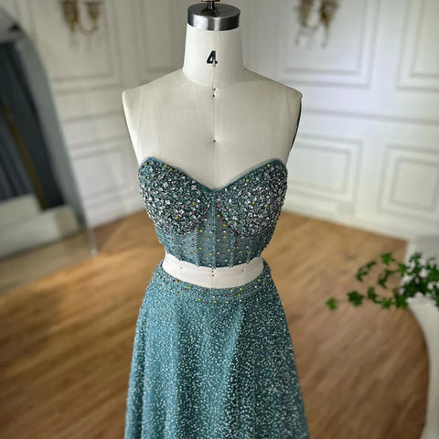 Customize 2025 Saudi Turquoise Strapless Two-Piece Evening Dress with High Split for Formal Occasion LA72786