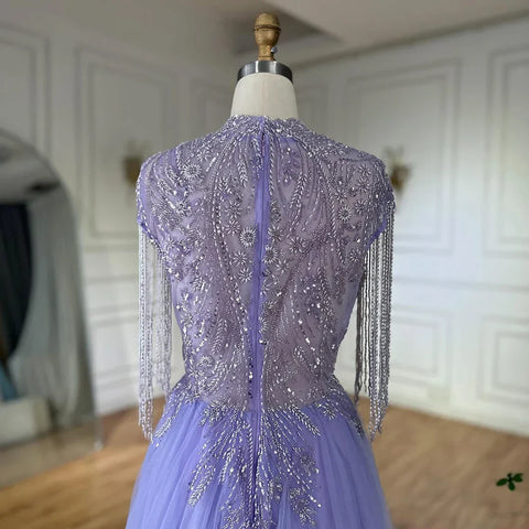 2025 Arabic lilac Elegant A Line Beaded Tassel Luxury Dubai Evening Dresses Gowns for Woman Wedding Party LA72422