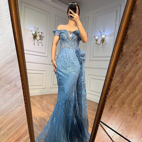 Vestidos de noche formales de sirena azul con encaje y cuentas, con sobrefalda o vestidos de fiesta de bodas para mujer LA72042 