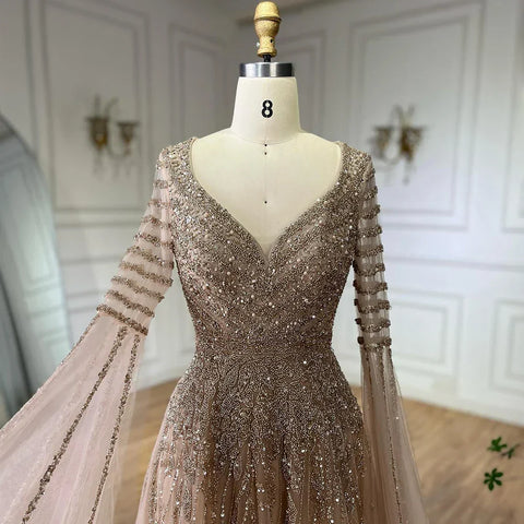 2025 Arabic Caramel Elegant A-Line Beaded Long Evening Dresses Gowns with Cape Sleeves for Formal Occasion LA72750