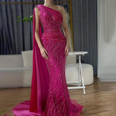 Robe de soirée sirène bleue asymétrique, élégante, manches cape, perles, luxueuse, pour femme, 2025, LA72323 