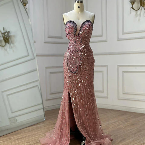 2025 Saudi Arabic Pink Strapless Mermaid Evening Dress with High Split for Formal Occasion LA72480