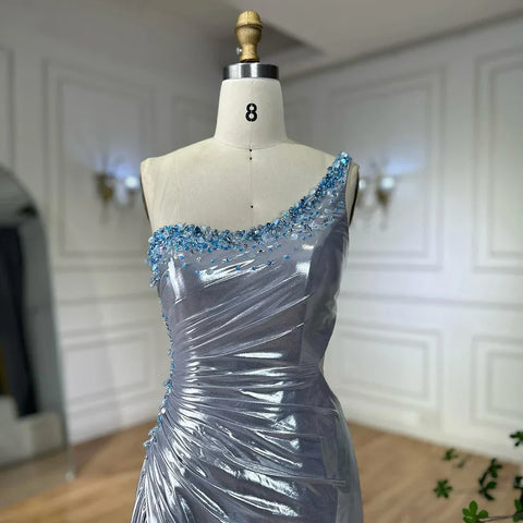 2025 Elegant Silver One-Shoulder Beaded Mermaid Luxury Dubai Evening Gown with Side Split for Women's Party LA72672
