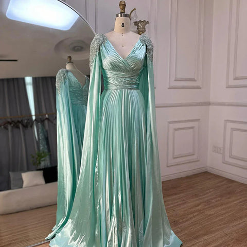 Rose Gold Beaded Satin A-Line Evening Dress Gown with Cape Sleeves LA72663