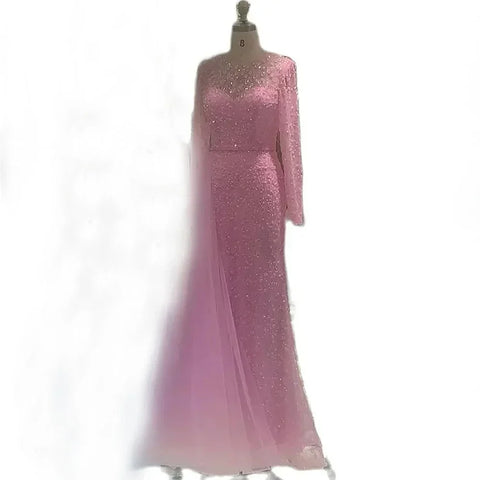 2025 Elegant Blue Saudi Arabic Evening Gown with Beaded Side Overskirt Dress for Formal Occasion LA72734