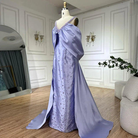 Lilac Off Shoulder Lilac Evening Dress with Cape Beaded Wedding Party Gowns LA72529