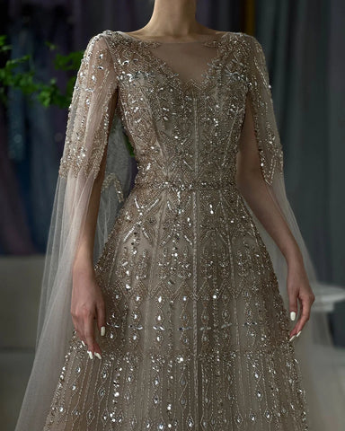 Robe de soirée bleue de luxe à manches cape LA72666