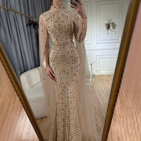 Muslim Nude Mermaid Cape Sleeves Pearls Beaded Luxury Dubai Evening Dresses Gowns 2025 Women Wedding Party LA72372