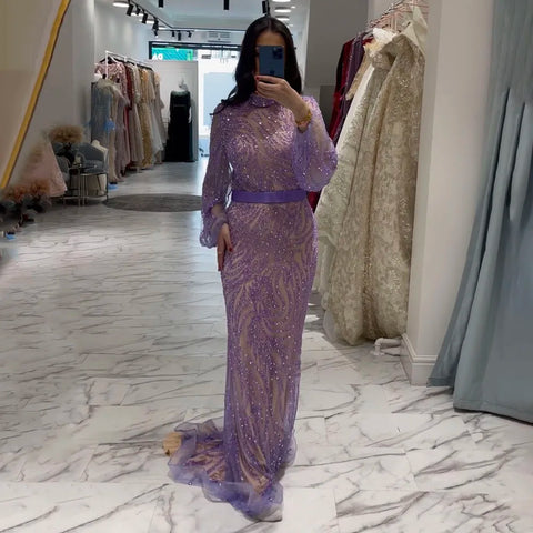 Vestidos de noche elegantes con cuentas, estilo sirena, color púrpura árabe, cuello alto abullonado, mangas abullonadas, para mujer, ideales para fiestas 2025 LA71815 