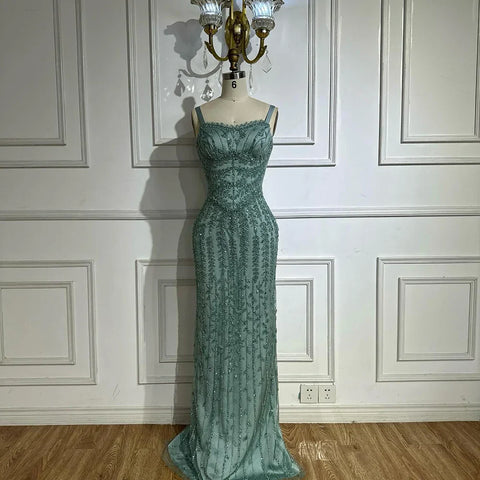 2025 Arabic Blue Spaghetti Strap Mermaid Gown Luxury Beaded Saudi Evening Dress for Formal Occasion LA72725