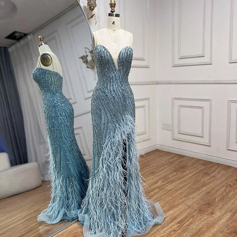 2025 Arabic Strapless Blue Beaded Feathers Luxury Dubai Evening Gowns with Side Skirt for Women Wedding party LA72695
