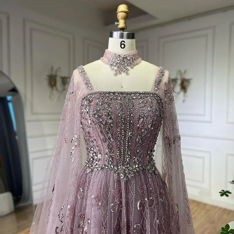 2025 Arabic Nude A Line Cape Sleeve Crystal Beaded Luxury Saudi Evening Dresses Gowns For Formal Occasion LA72764