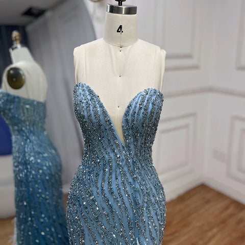 2025 Arabic Strapless Blue Beaded Feathers Luxury Dubai Evening Gowns with Side Skirt for Women Wedding party LA72695