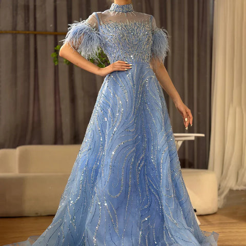 2025 Arabic blue A Line Short Sleeveless Luxury Evening Dresses Beaded Feathers For Women Wedding Party LA72351