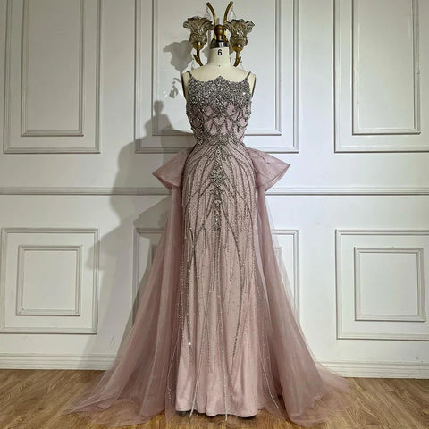 2025 Nude Saudi Beaded Spaghetti Strap Evening Dresses Gowns with Overskirt for Formal Occasion LA72810