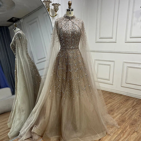 Blue Beaded A-Line Evening Dress Gown with Cape Sleeves LA72728