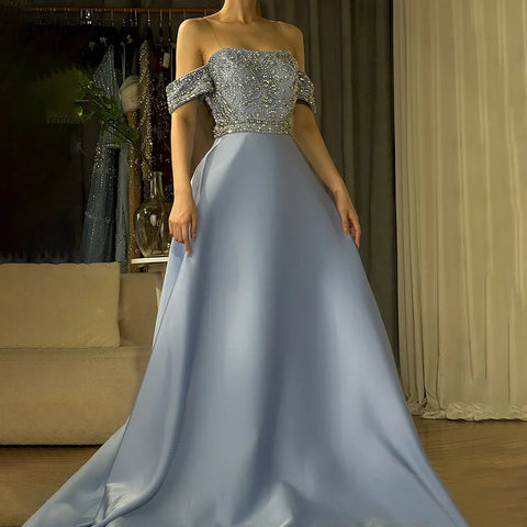 2025 Saudi Arabic Elegant Blue Off-the-Shoulder A-Line Beaded Long Evening Gown for Formal Occasion LA72753