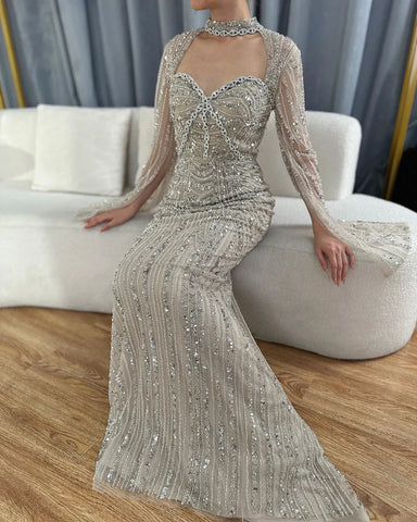2025 Luxury Dubai Nude Sweetheart Mermaid Beaded Evening Gowns with Back Split for Women's Party LA72560A