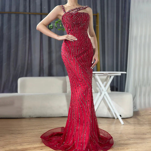 Green One Shoulder Mermaid Elegant Beaded Luxury Red Evening Dress Gown for Women's Wedding Party 2025 LA72340