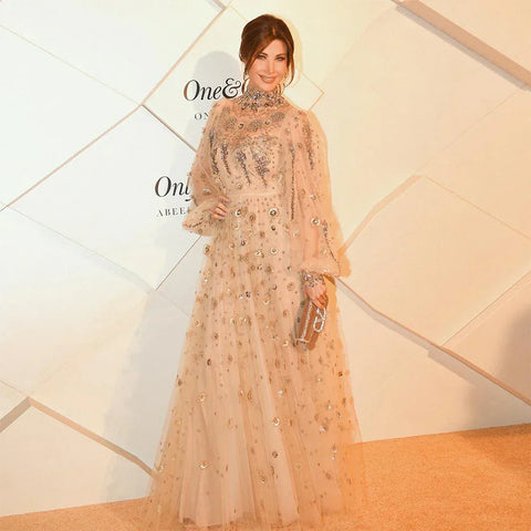 Muslim Nude A-Line Beaded Luxury Elegant Dubai Evening Gown Wedding Party LA72594