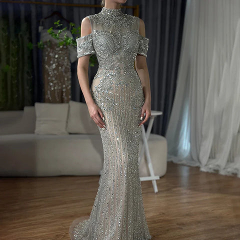 2025 Arabic Silver Nude Mermaid Beaded Crystal Luxury Dubai Evening Dresses Gowns for Women Wedding Party LA72411